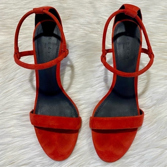Sandro‎ Amel Suede Mid-Heel Strappy Sandal in Red 39 - Picture 3 of 10